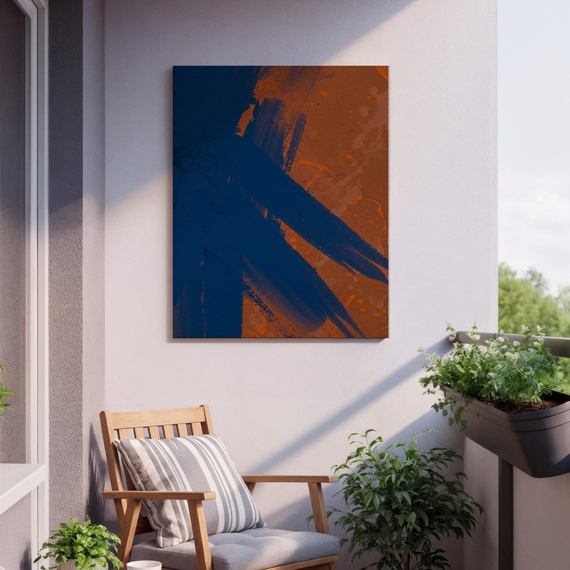 Navy Blue Brushstrokes over Rust Orange Bold Abstract Art Poster - Image 2