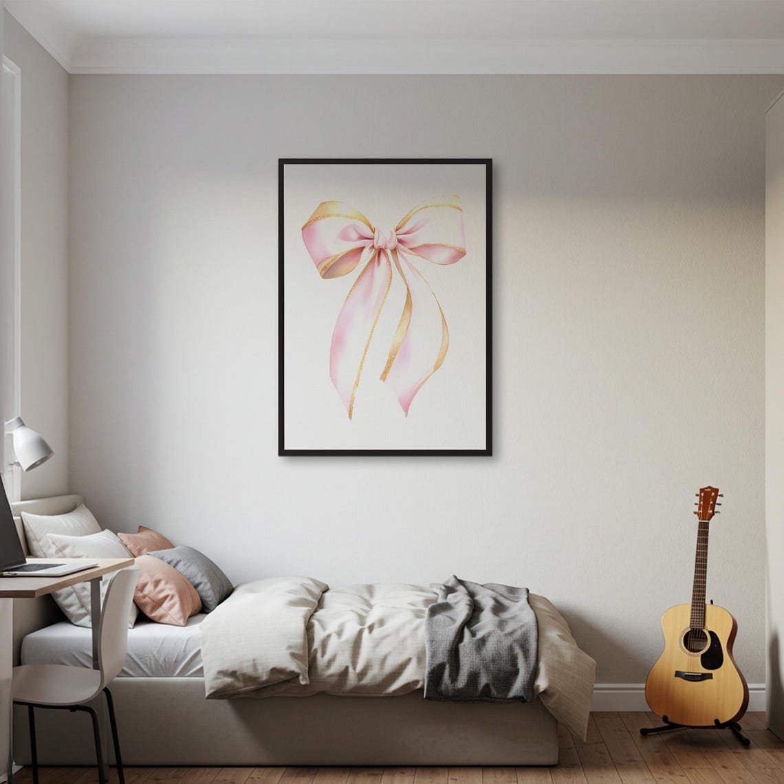 Pink Watercolor Ribbon Bow with Gold Trim Girly Nursery Art Poster - Image 2