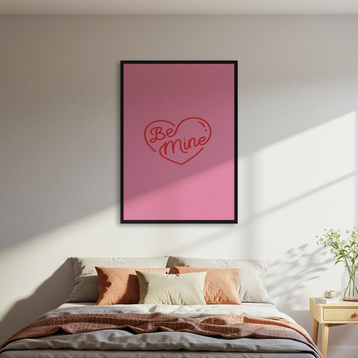Be Mine Neon Red Heart on Pink Valentines Day Quote Love Poster
