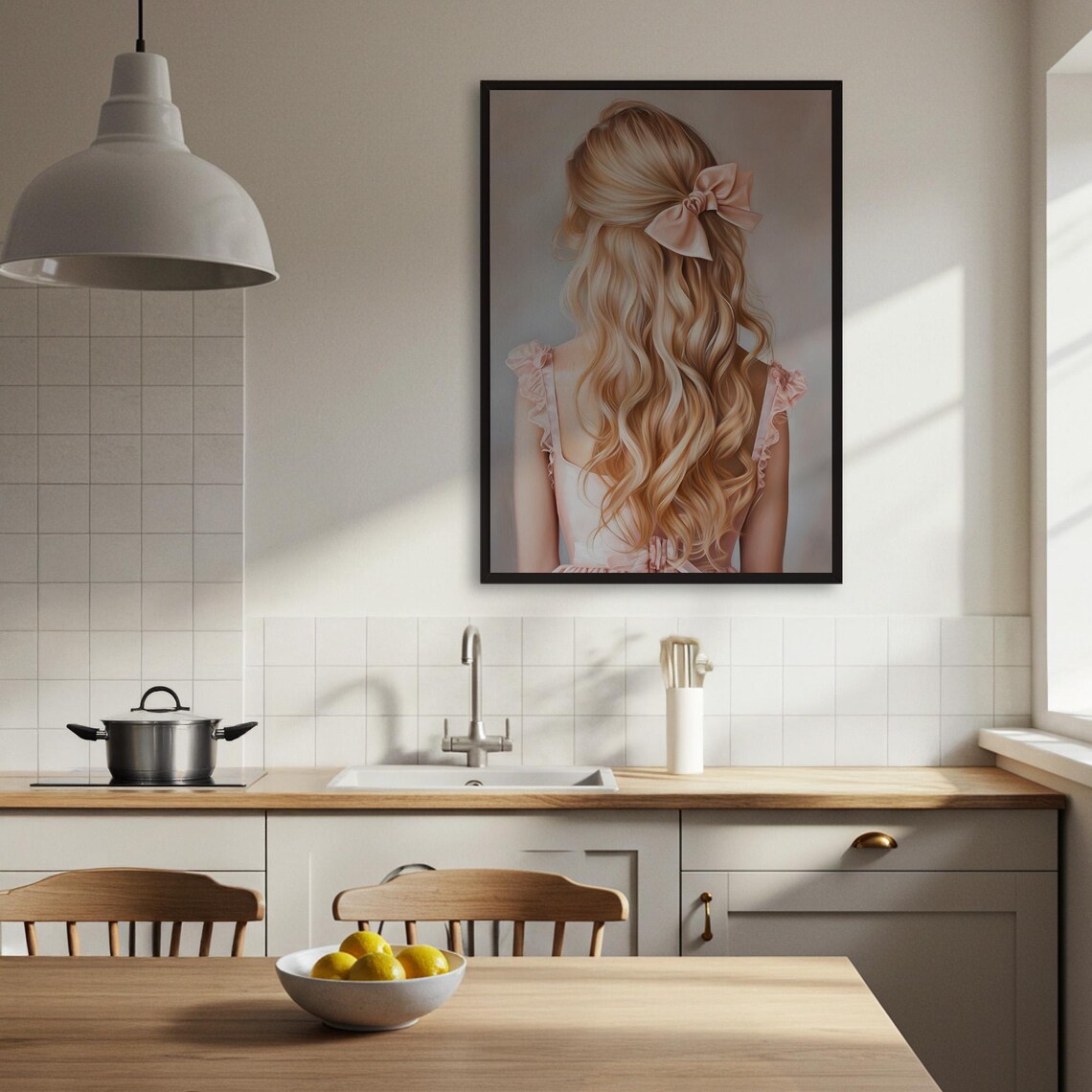 Blonde Hair With Pink Ribbon, Feminine Bedroom Decor - Image 3