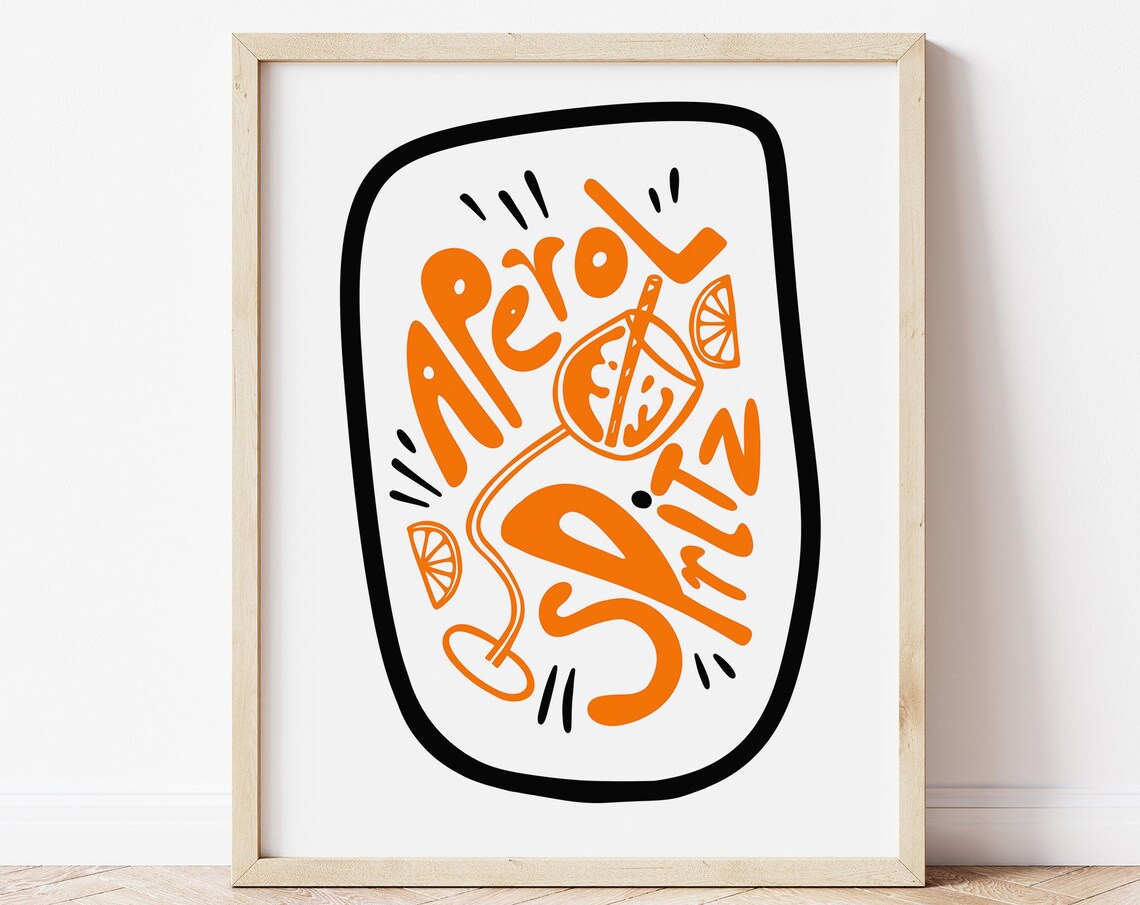 Aperol Spritz Orange Cocktail Glass Hand Drawn Retro Art Poster
