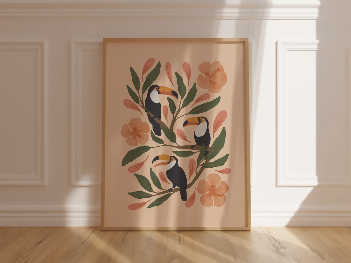 Cheerful Tropical Toucans Branch Birds Floral Botanical Wall Art