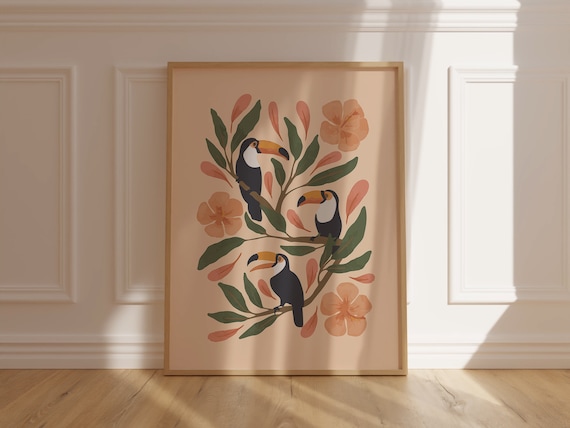 Cheerful Tropical Toucans Branch Birds Floral Botanical Wall Art