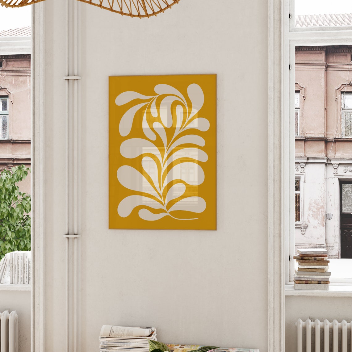 Mustard Yellow Abstract White Curving Leaf Motif Decorative Poster - Image 6