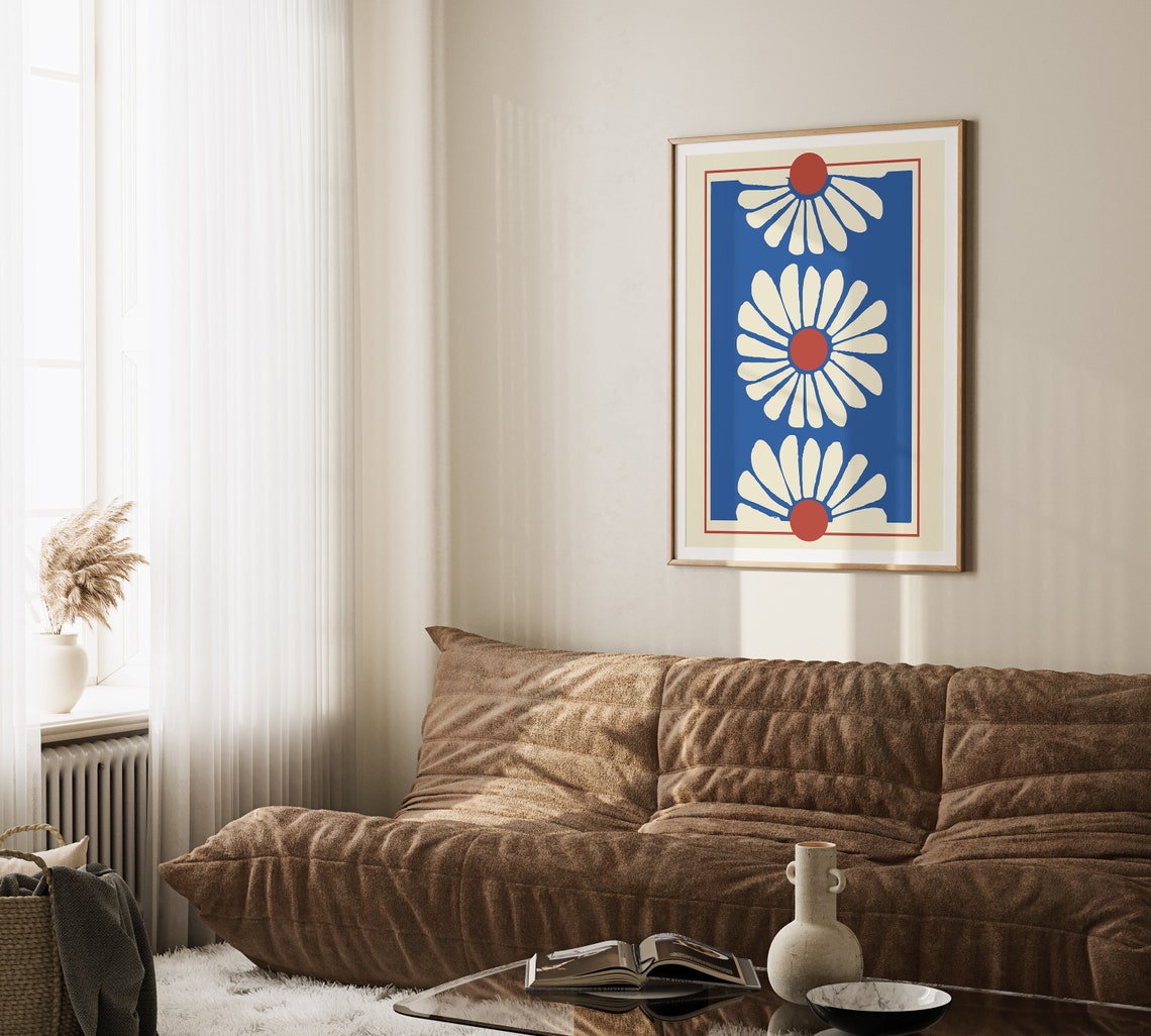Matisse Style White Daisy Trio Poster on Royal Blue Background - Image 2