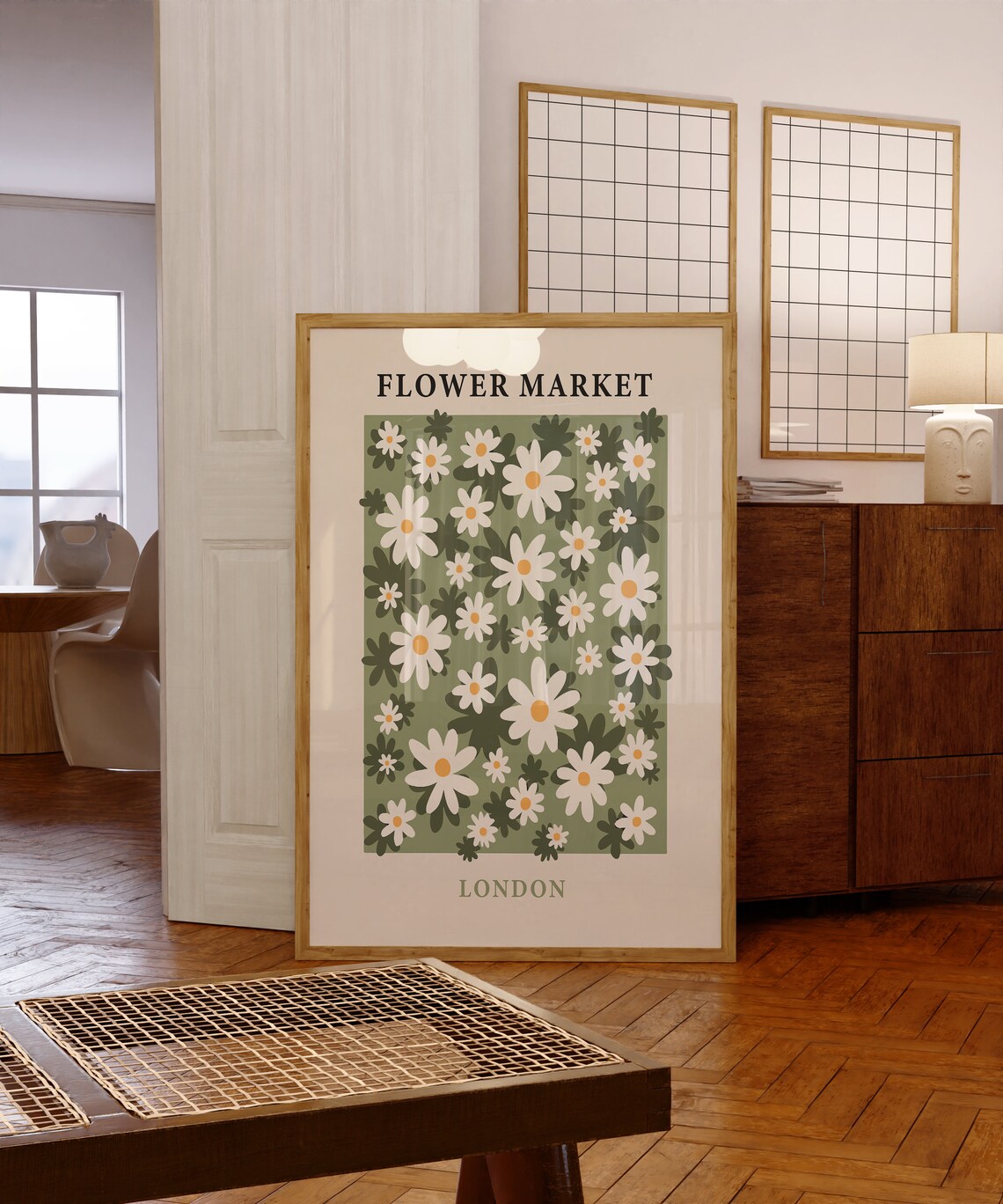 Flower Market London White Daisies Sage Green Floral Art Poster - Image 5