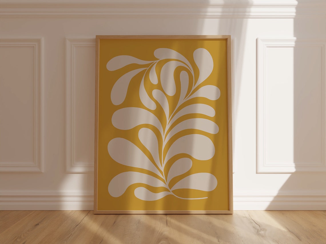 Mustard Yellow Abstract White Curving Leaf Motif Decorative Poster