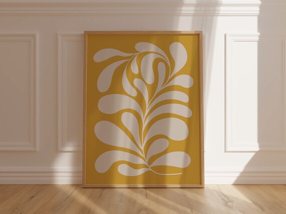 Mustard Yellow Abstract White Curving Leaf Motif Decorative Poster