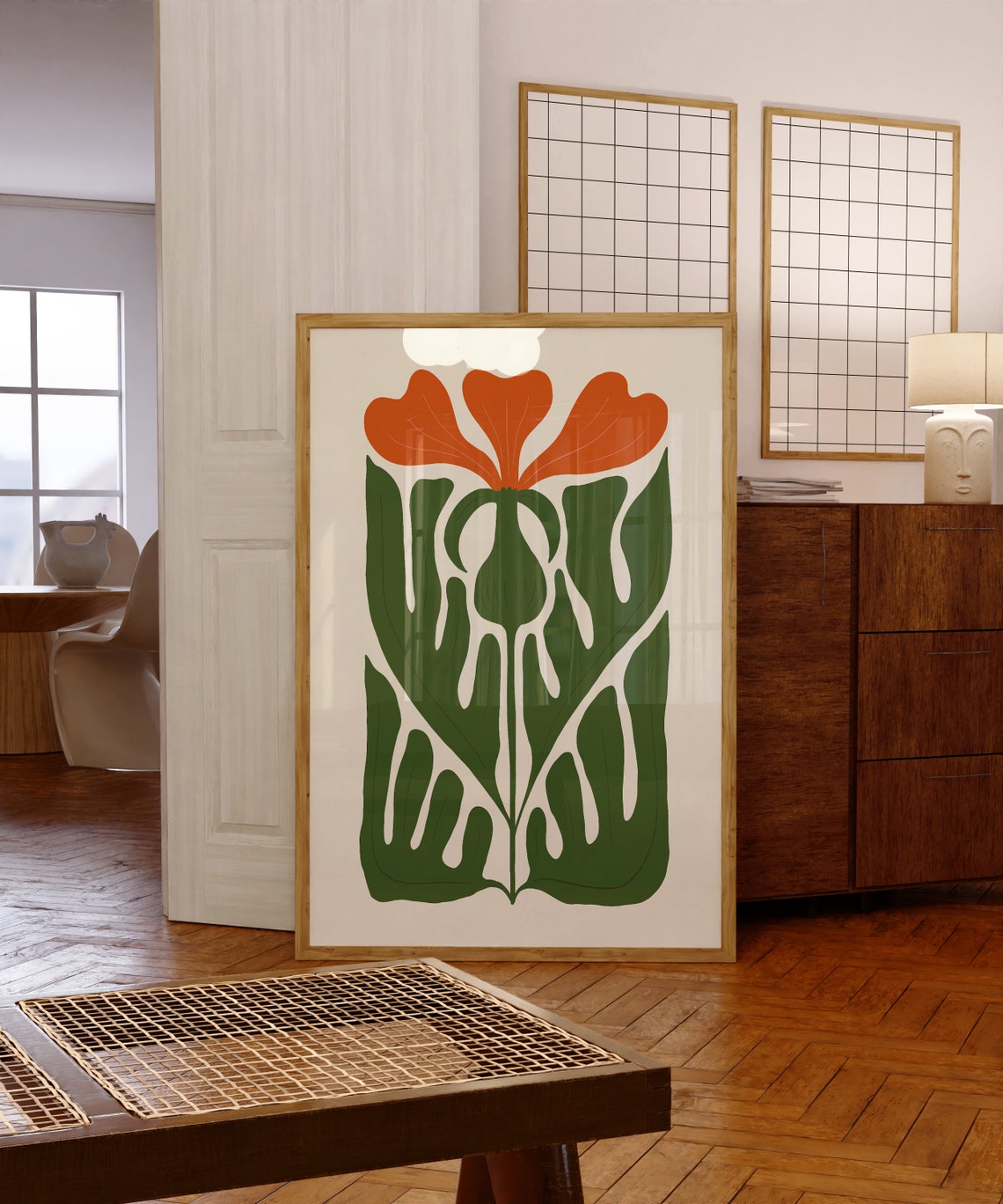 Bold Red Bloom Green Leaf Modern Botanical Statement Art Poster - Image 5