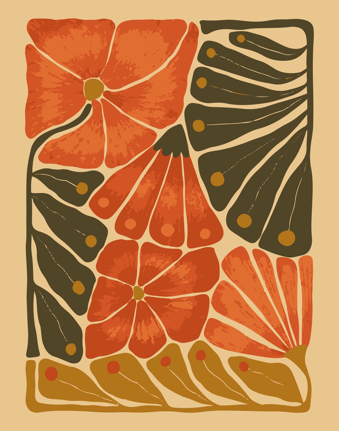 Burnt Orange Floral Folk Pattern Modern Botanical Decor Poster - Image 2