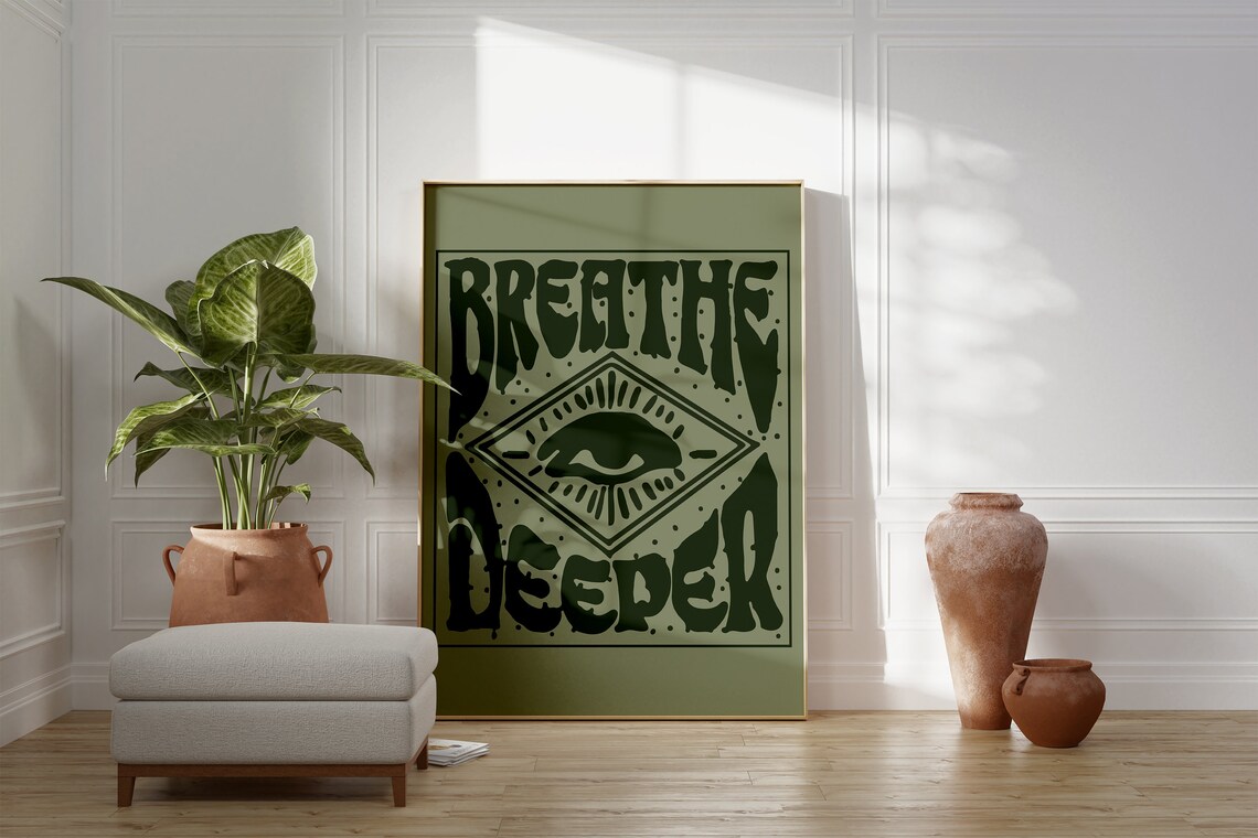 Breathe Deeper Sage Green Retro Quote Poster with All-Seeing Eye Art - Image 4