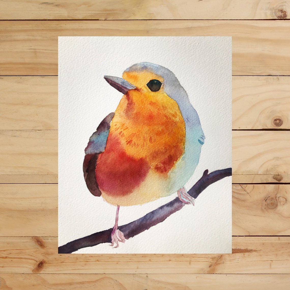 European Robin Perched on a Branch in Warm Watercolor Poster