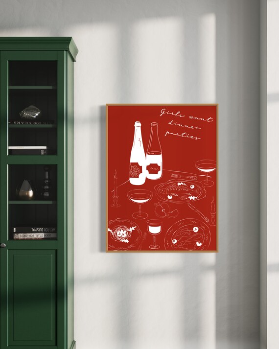Girls Want Dinner Parties Red Wine Supper Club Line Art Kitchen Poster