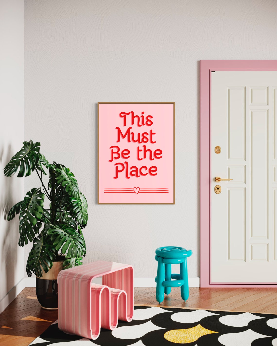 This Must Be The Place Pink Red Retro Quote Poster With Heart Lines - Image 4
