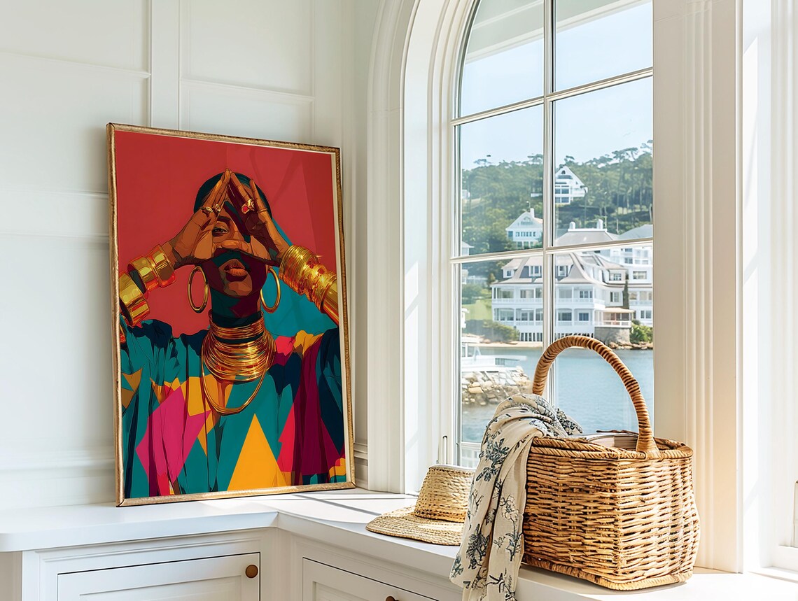 Afrocentric Woman Gold Jewelry Hands Over Eyes Bold Pop Art Poster