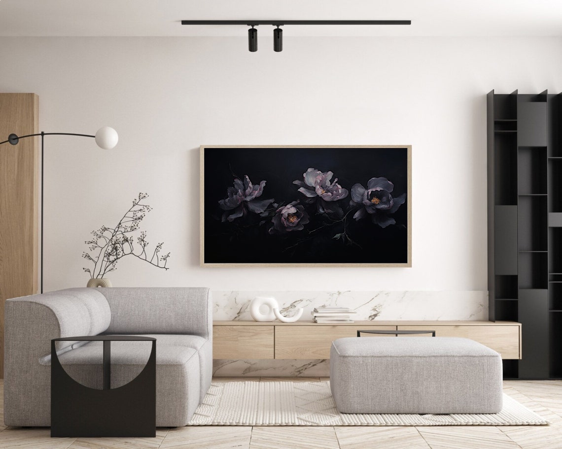 Moody Dark Floral Still Life With Dusky Peonies On Black Poster - Image 4