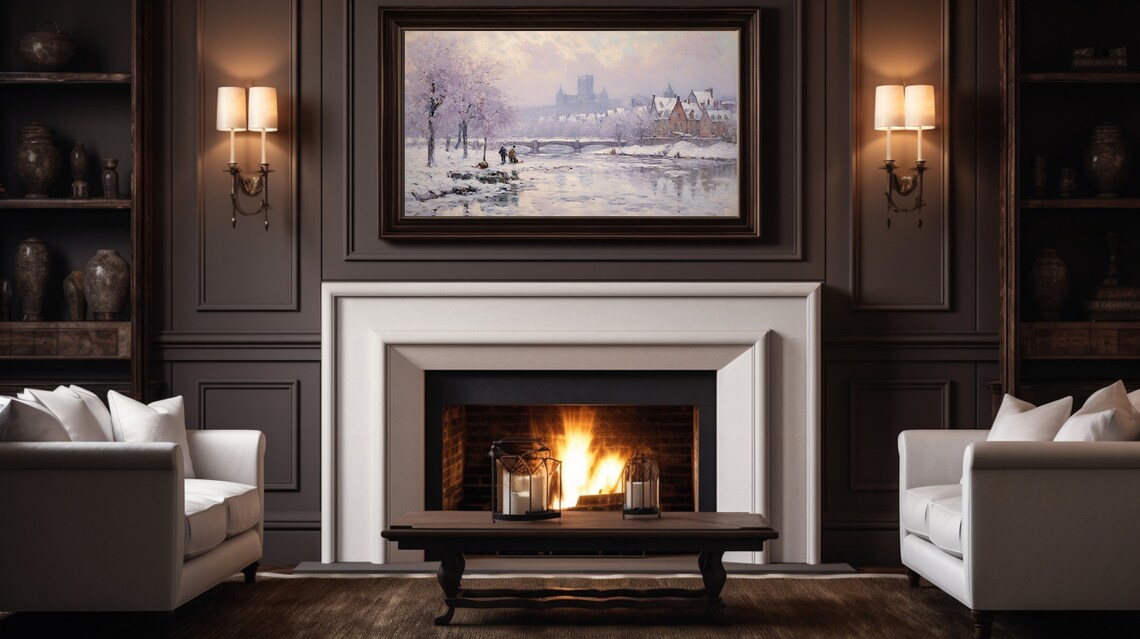 Snowy Riverside Old Town With Bridge And Twin Church Towers Poster - Image 3