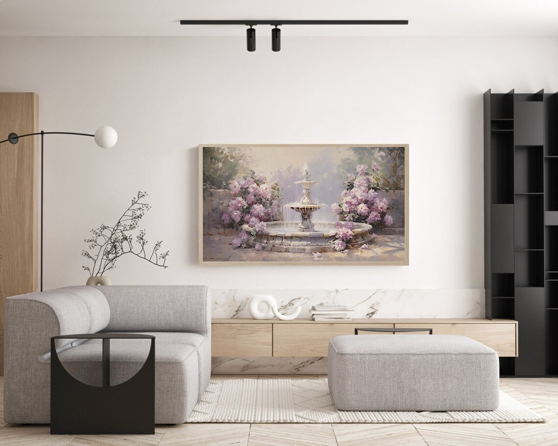 Garden Fountain Pink Blossoms Vintage Courtyard Oil Painting Poster - Image 5