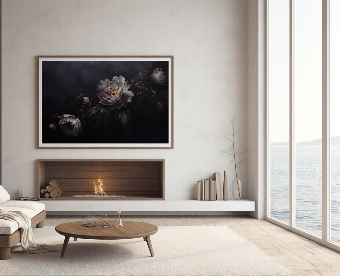 Moody Dark Floral Still Life White Peony Oil Painting Poster - Image 3