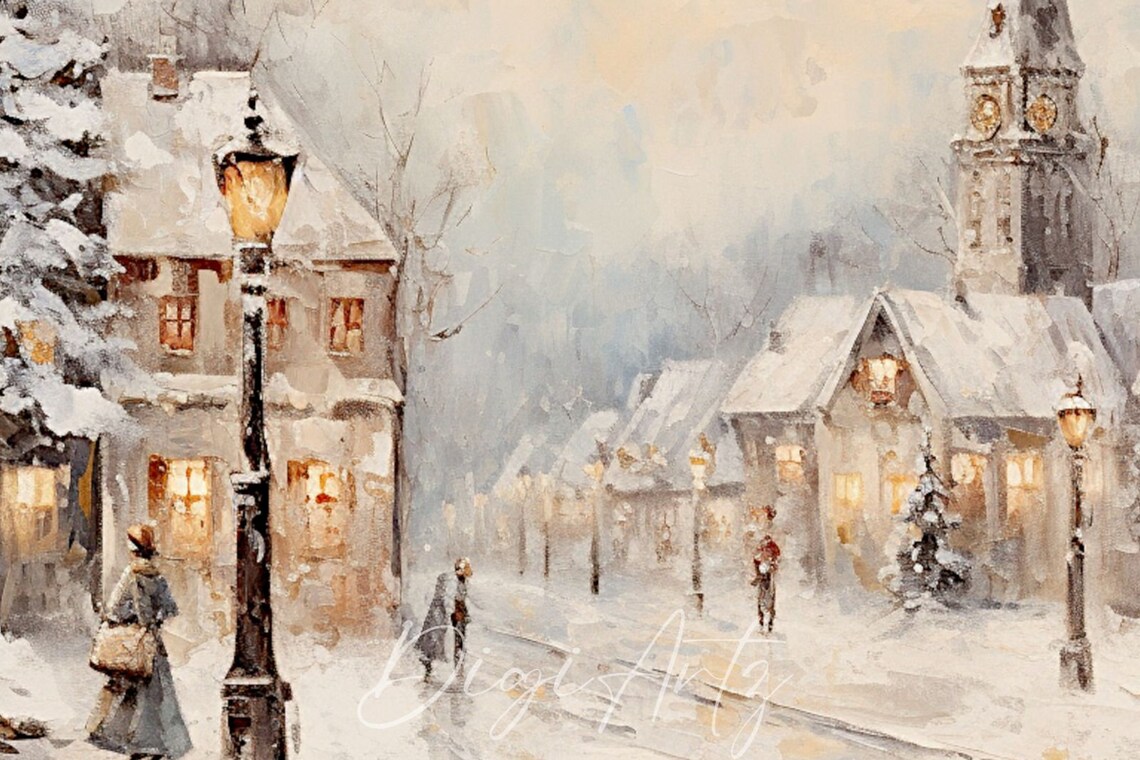 Frame Tv Vintage Winter Town Oil Painting Cottagecore Academia Christmas Decor Rustic Snowy Winter Landscape Holiday Farmhouse Print - Image 6
