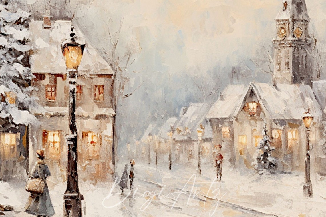 Snowy Village Square At Dusk With Church Steeple And Lamp Posts Poster - Image 6