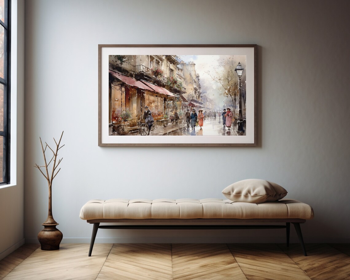 Rainy Parisian Cafe Street Watercolor Cityscape Umbrella Art Poster - Image 3