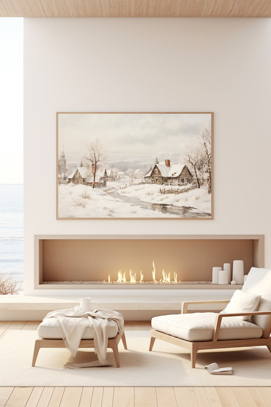 Snowy Village Church Cottages Winter Landscape Storybook Scene Poster - Image 3