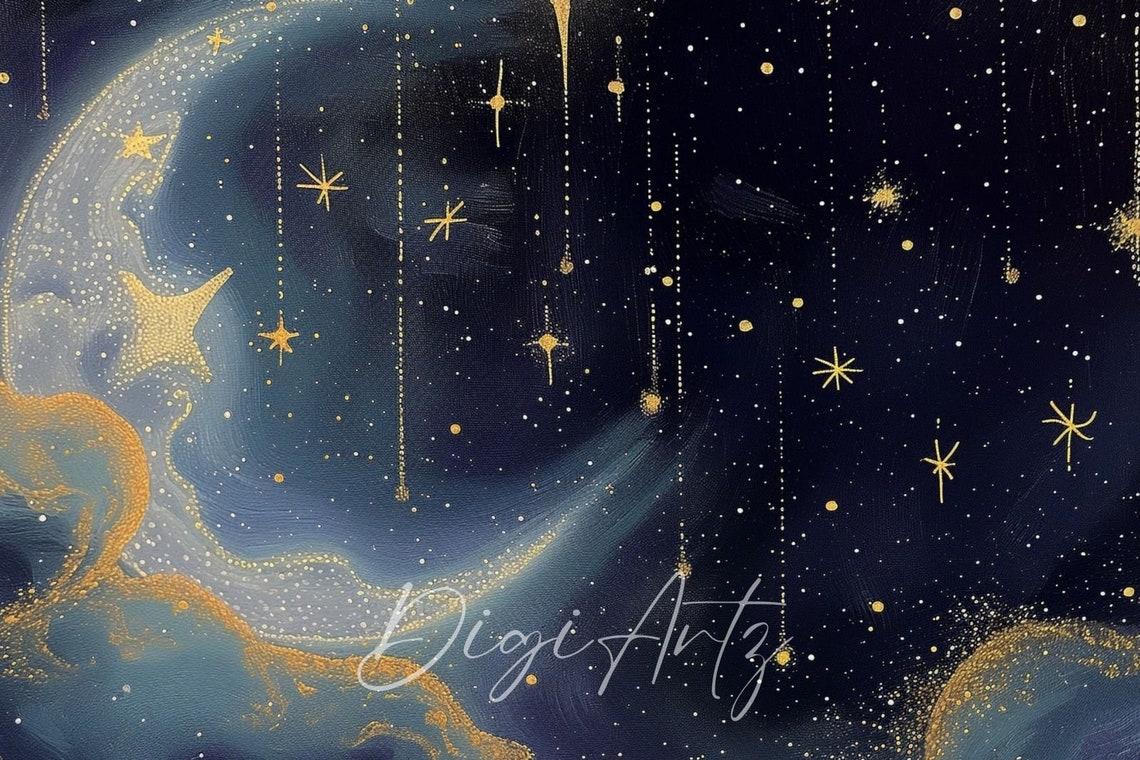 Crescent Moon Hanging Gold Stars Celestial Night Sky Painting Poster - Image 6