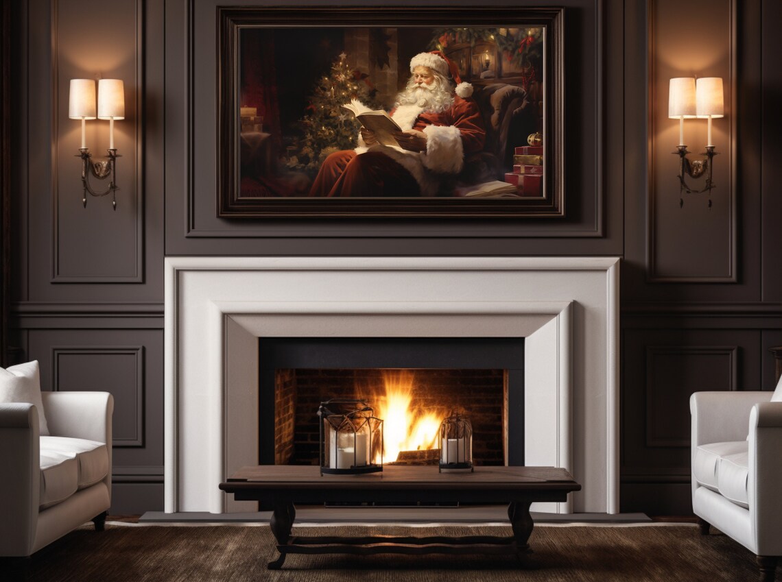 Santa Claus Reading By Fireplace Christmas Eve Cozy Holiday Poster - Image 3