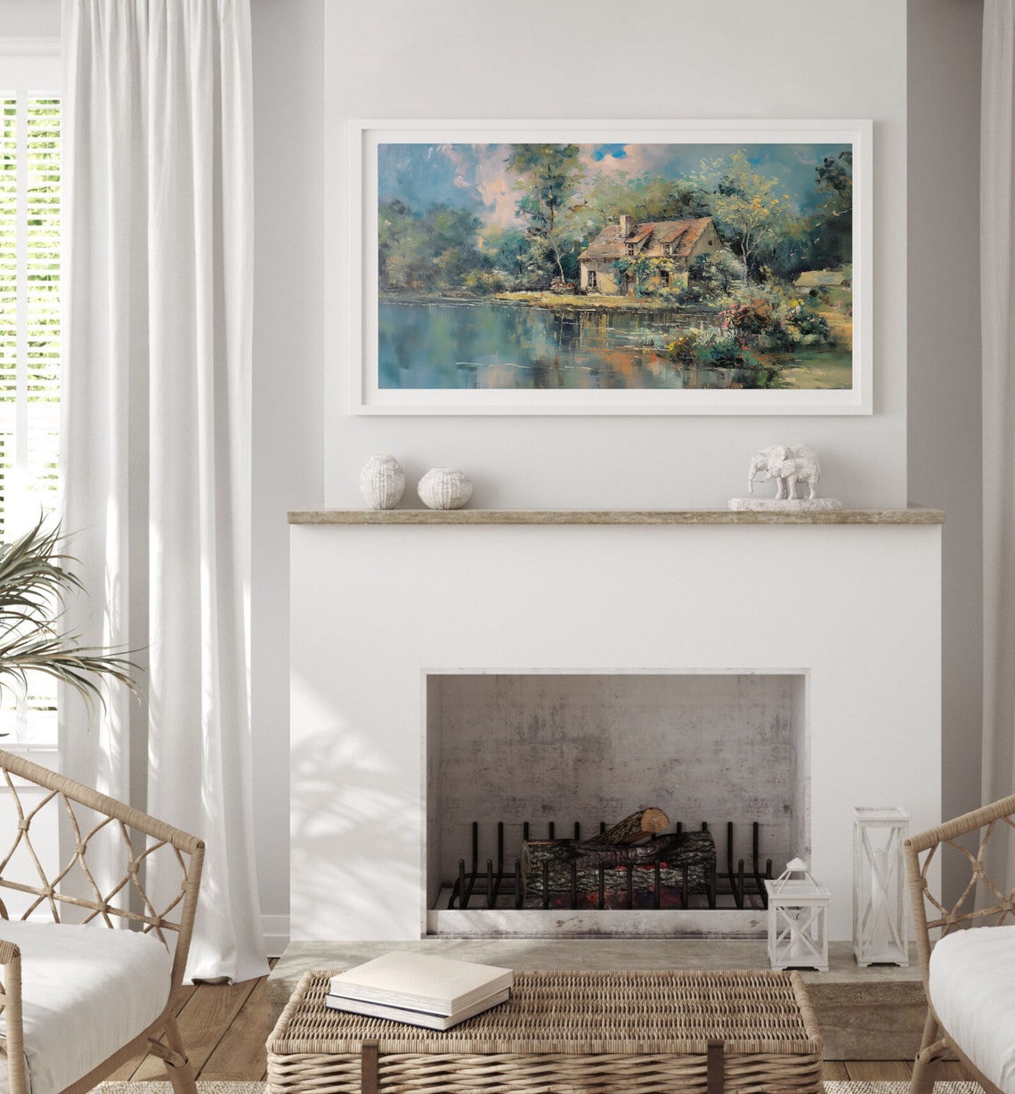 Lakeside Stone Cottage Impressionist Painting Vintage Landscape Poster - Image 2