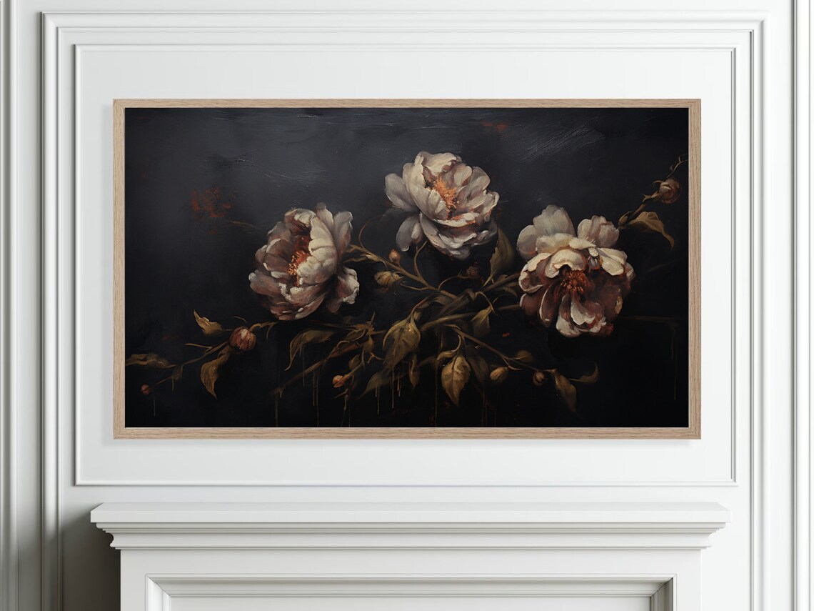 Dark Moody White Peonies Black Botanical Floral Painting Style Poster - Image 4
