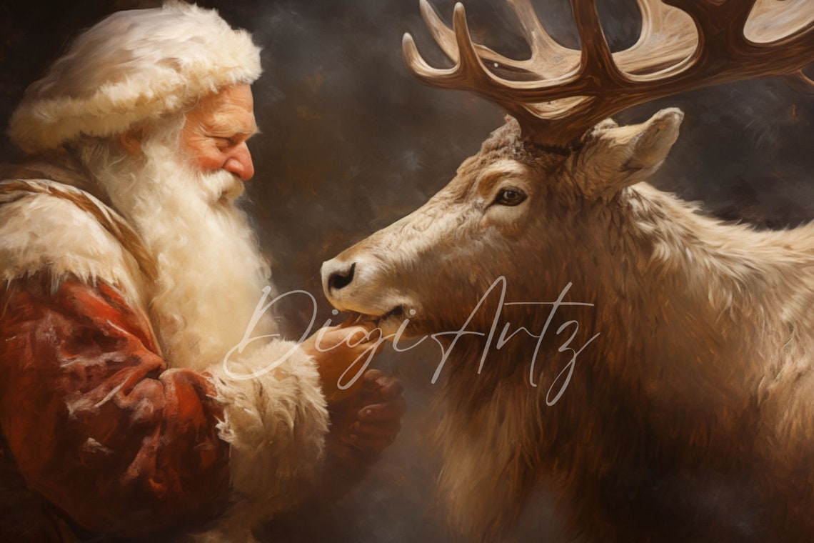 Frame Tv Art Vintage Christmas Wall Art Santa Reindeer Companionship Oil Painting Cottagecore Academia Christmas Decor Winter Print - Image 6