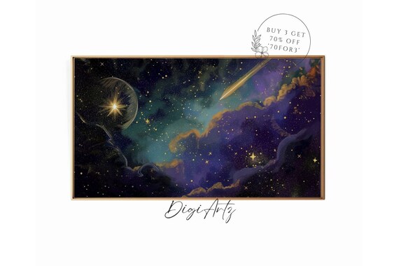 Shooting Star Moonlit Clouds Purple Gold Night Sky Painting Poster