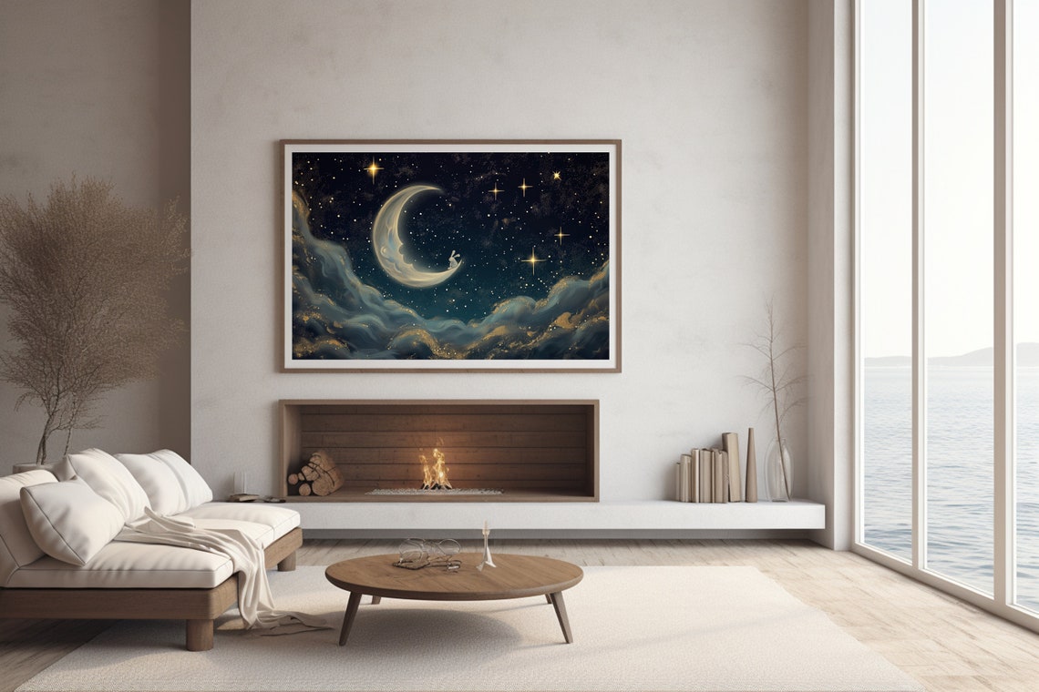 Bunny On The Crescent Moon Starry Night Nursery Painting Poster - Image 2