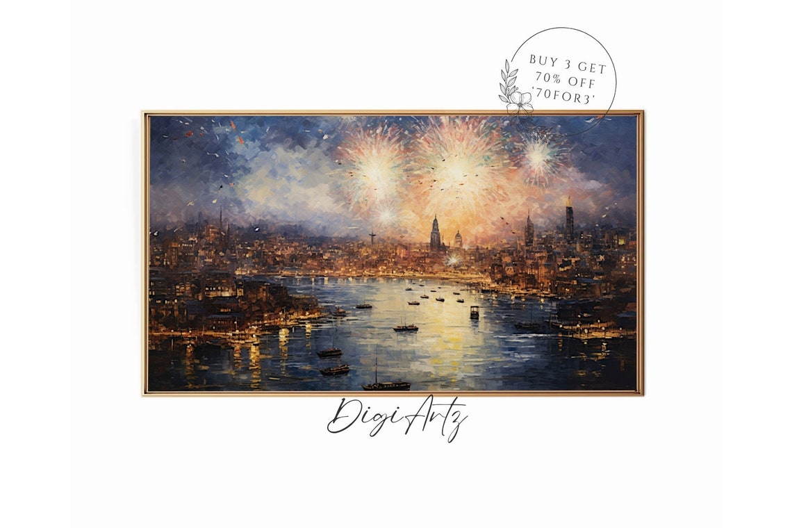 City Fireworks Celebration Night Sky Harbor Lights Painting Poster