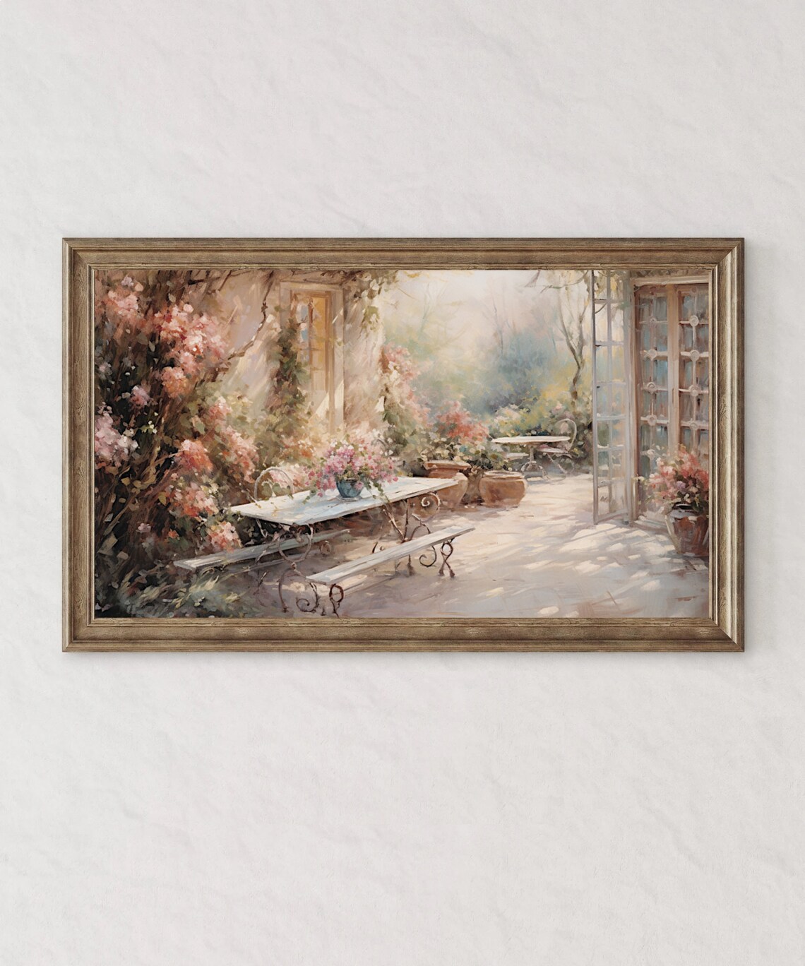 Sunlit Garden Terrace With Pink Blooms And French Doors Poster - Image 2