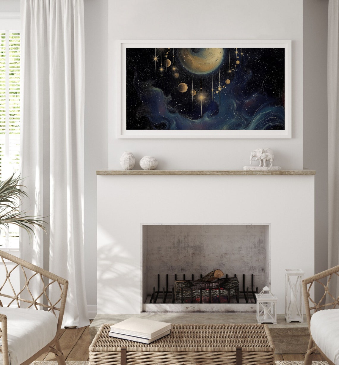 Golden Moon And Planets Celestial Night Sky Star Painting Poster - Image 2