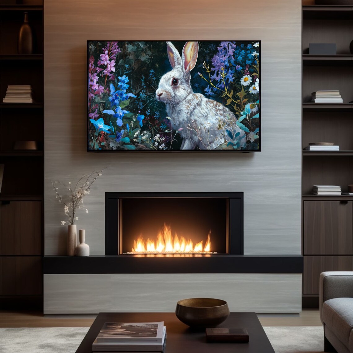 White Rabbit Among Blue Wildflowers Moody Floral Painting Poster - Image 4