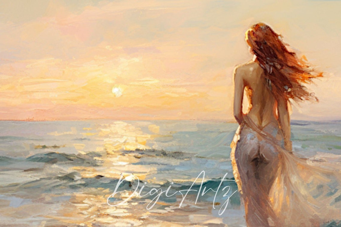 Red Haired Woman Walking on Beach at Sunset Impressionist Poster - Image 6