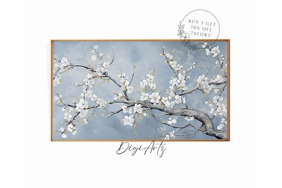 White Almond Blossom Branches on Blue Spring Oil Painting Poster