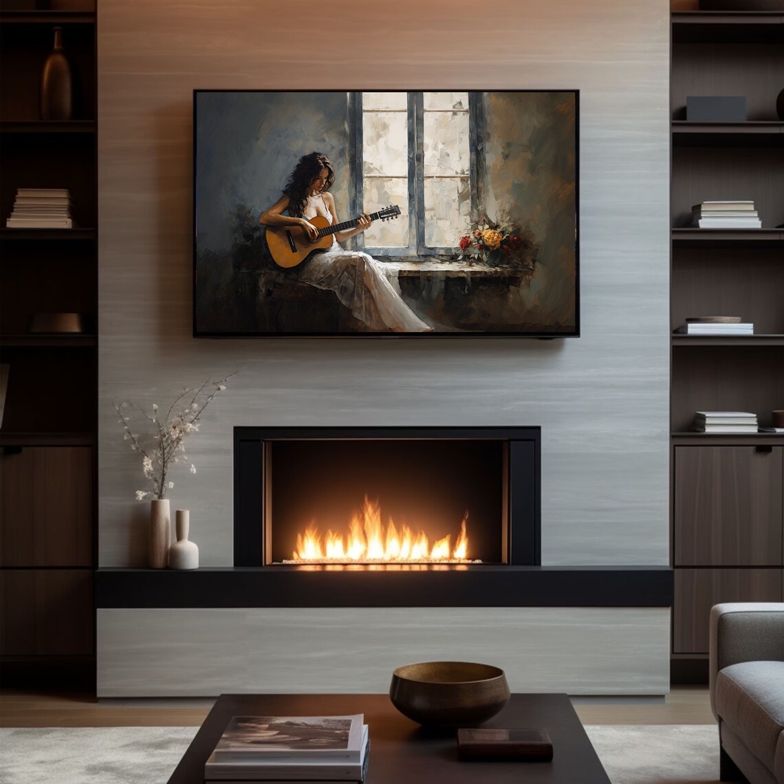 Woman Playing Guitar By Window Moody Musician Oil Painting Poster - Image 4