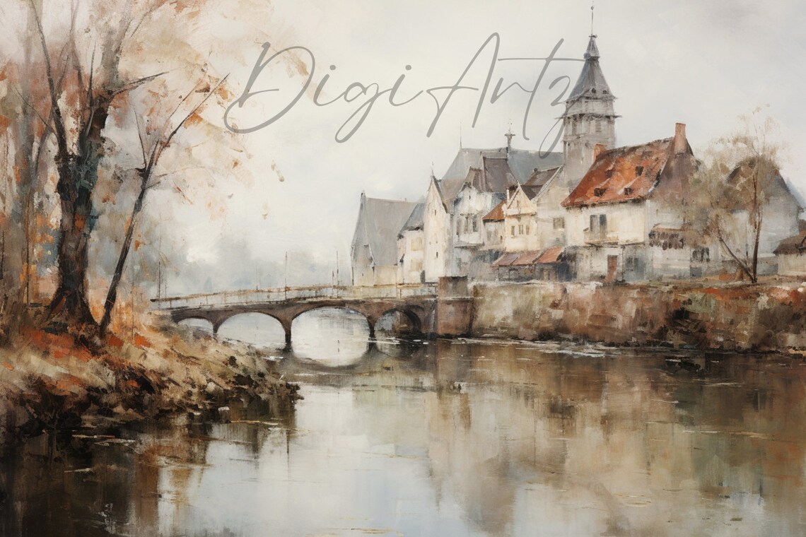 Riverside Village Stone Bridge Church Autumn Landscape Painting Poster - Image 4