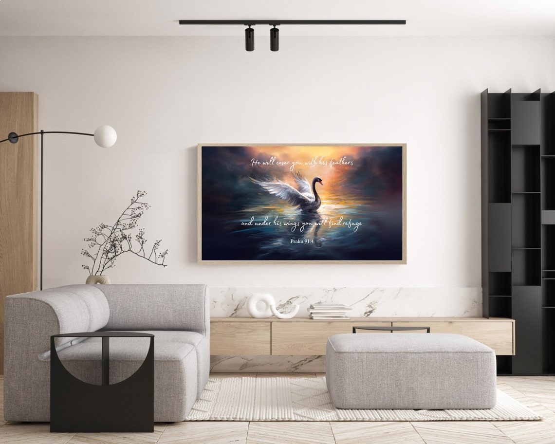 Psalm 91 Swan Sunset Oil Painting Scripture Verse Christian Poster - Image 5