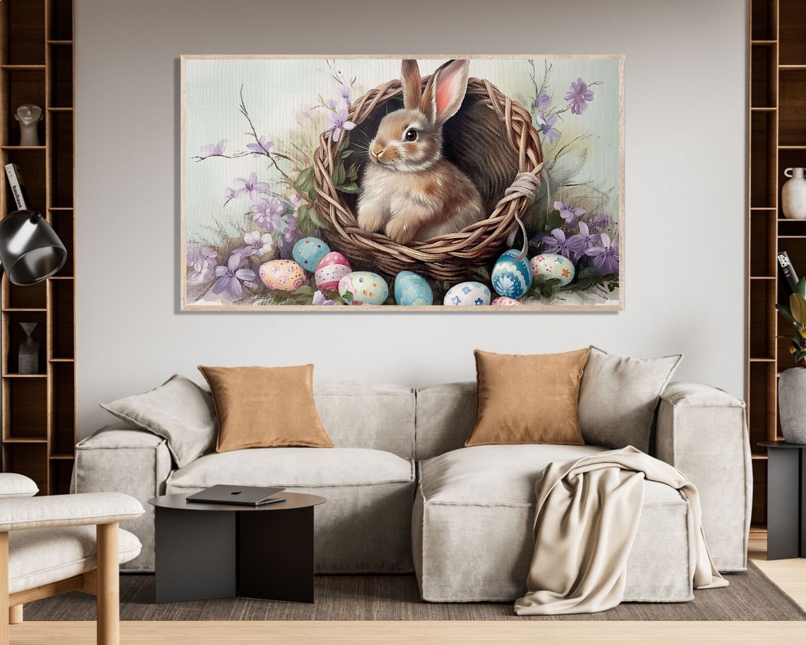 Easter Bunny In Wicker Basket With Painted Eggs And Flowers Poster - Image 3
