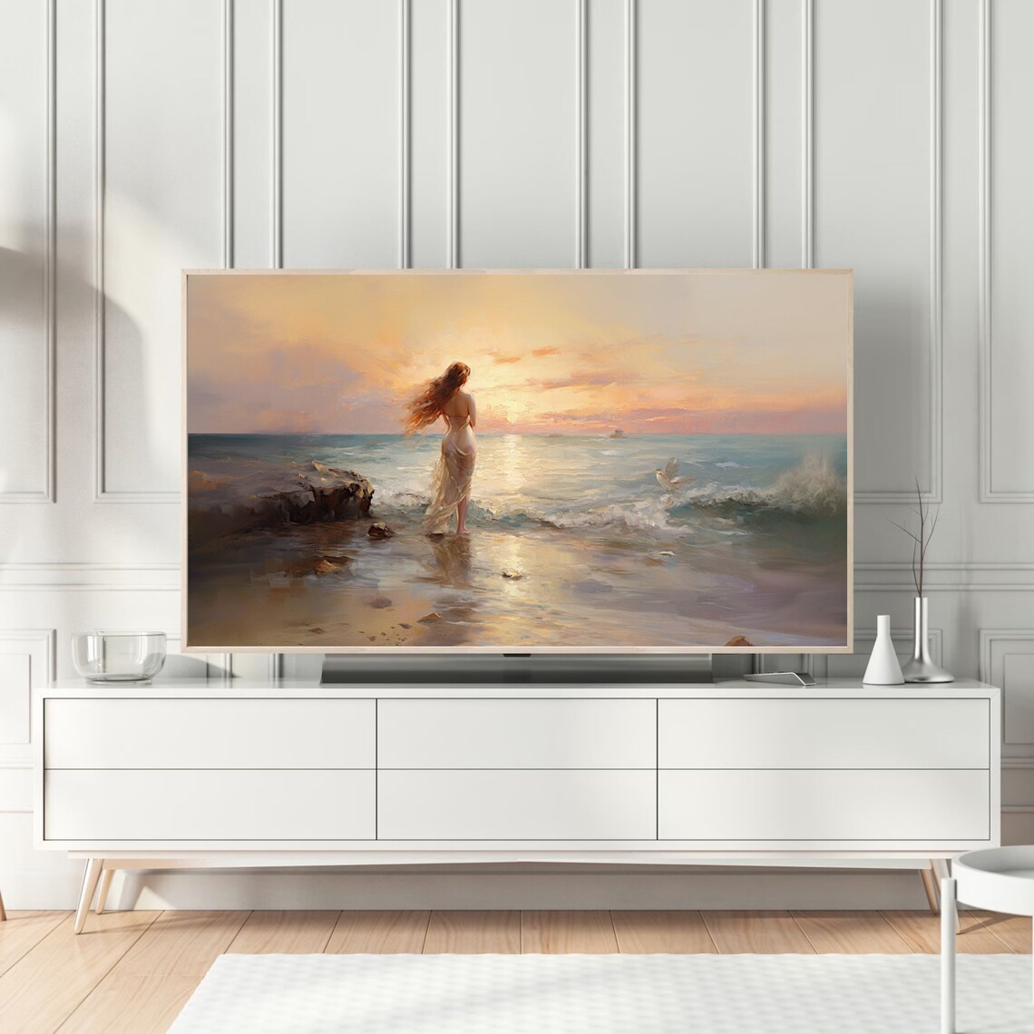 Woman In White Dress Sunset Beach Romantic Seaside Oil Painting Poster - Image 4