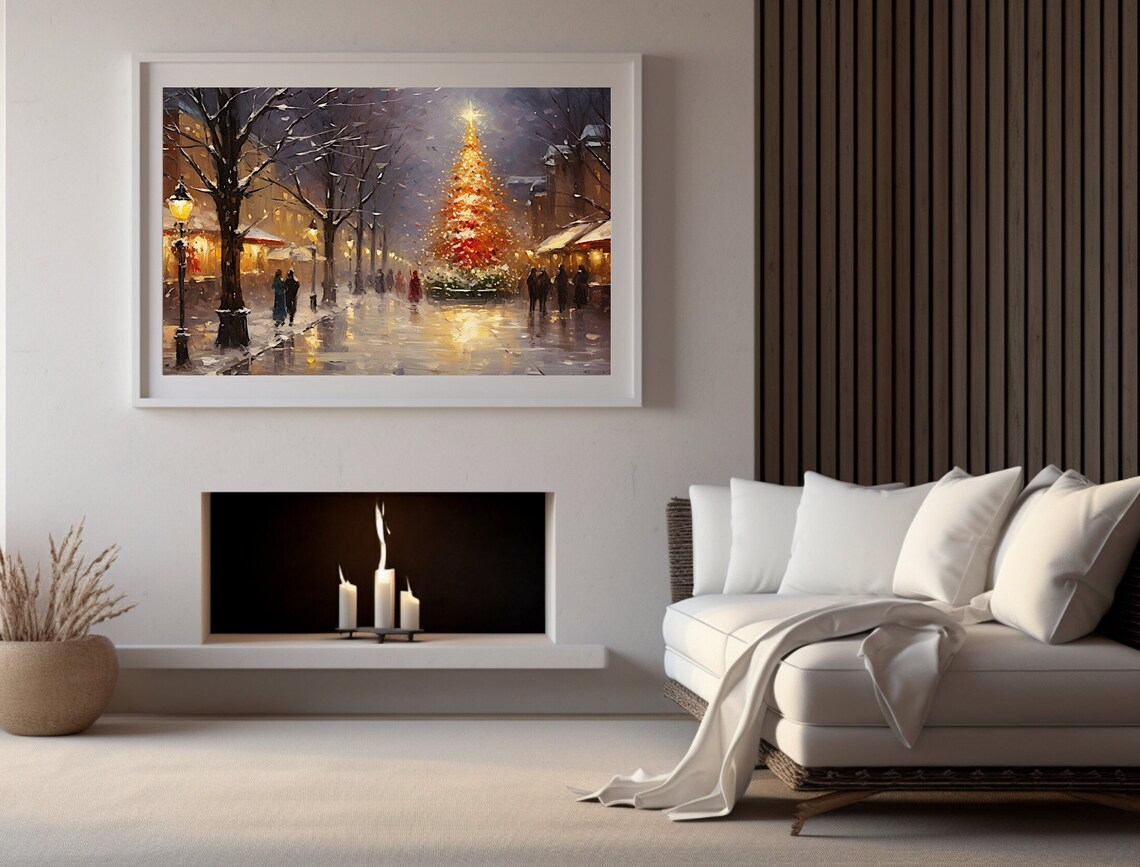 Glowing Christmas Tree On A Snowy City Street At Night Poster - Image 3