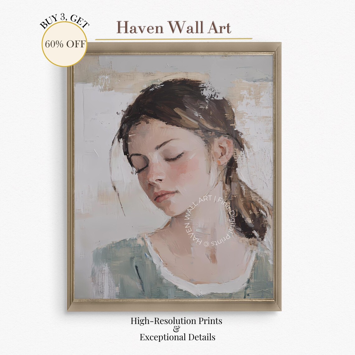 Young Woman Portrait Impressionist Oil Painting Soft Vintage Poster
