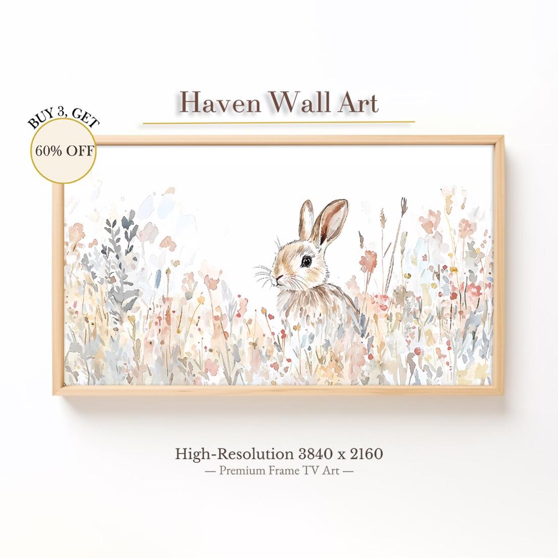 Bunny Among Soft Wildflowers Delicate Spring Watercolor Wall Art