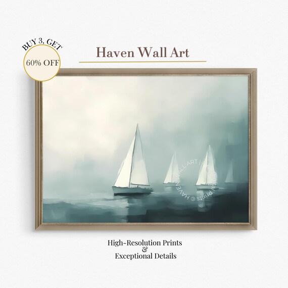 Sailboats Summer Mist Minimalist Foggy Ocean Calm Nautical Poster