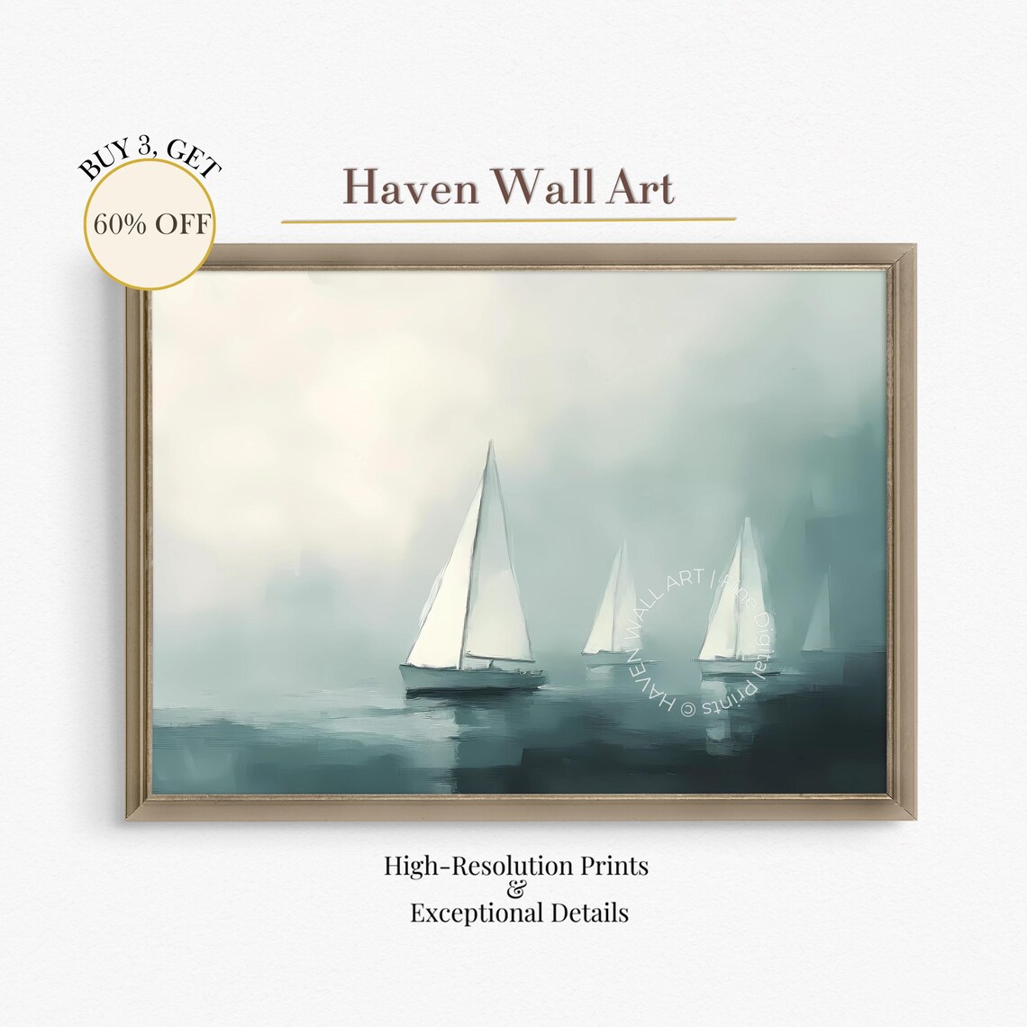 Sailboats Summer Mist Minimalist Foggy Ocean Calm Nautical Poster